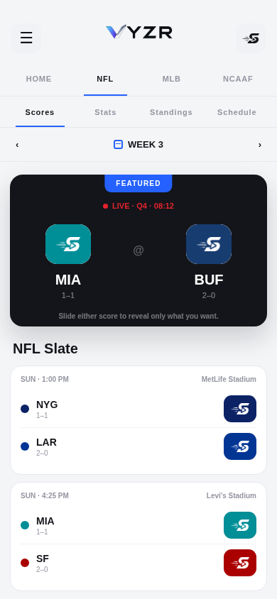 VYZR NFL Scores screen